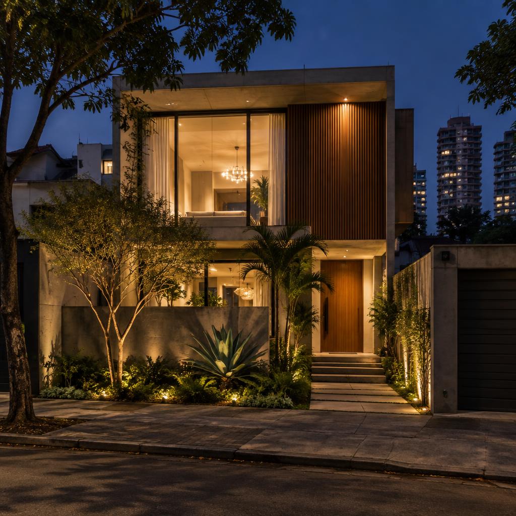 Fachada contemporânea de casa urbana iluminada à noite em rua residencial de São Paulo