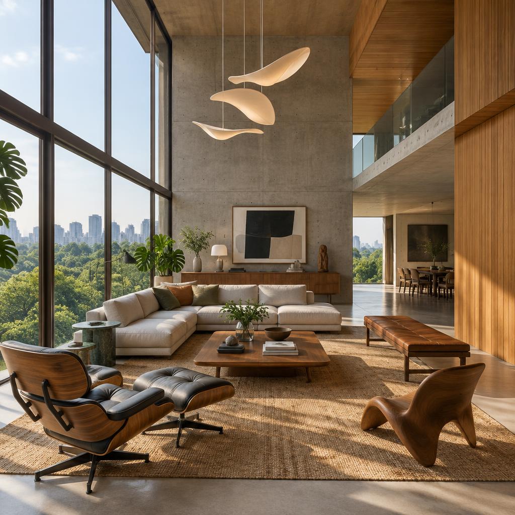 Sala de estar com pé-direito duplo e grandes vidros em casa urbana contemporânea