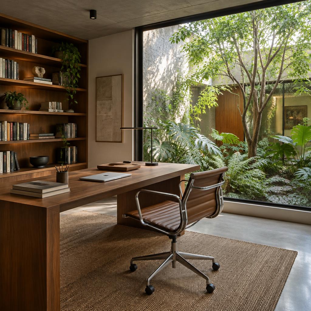 Home office com vista para jardim interno em casa urbana contemporânea