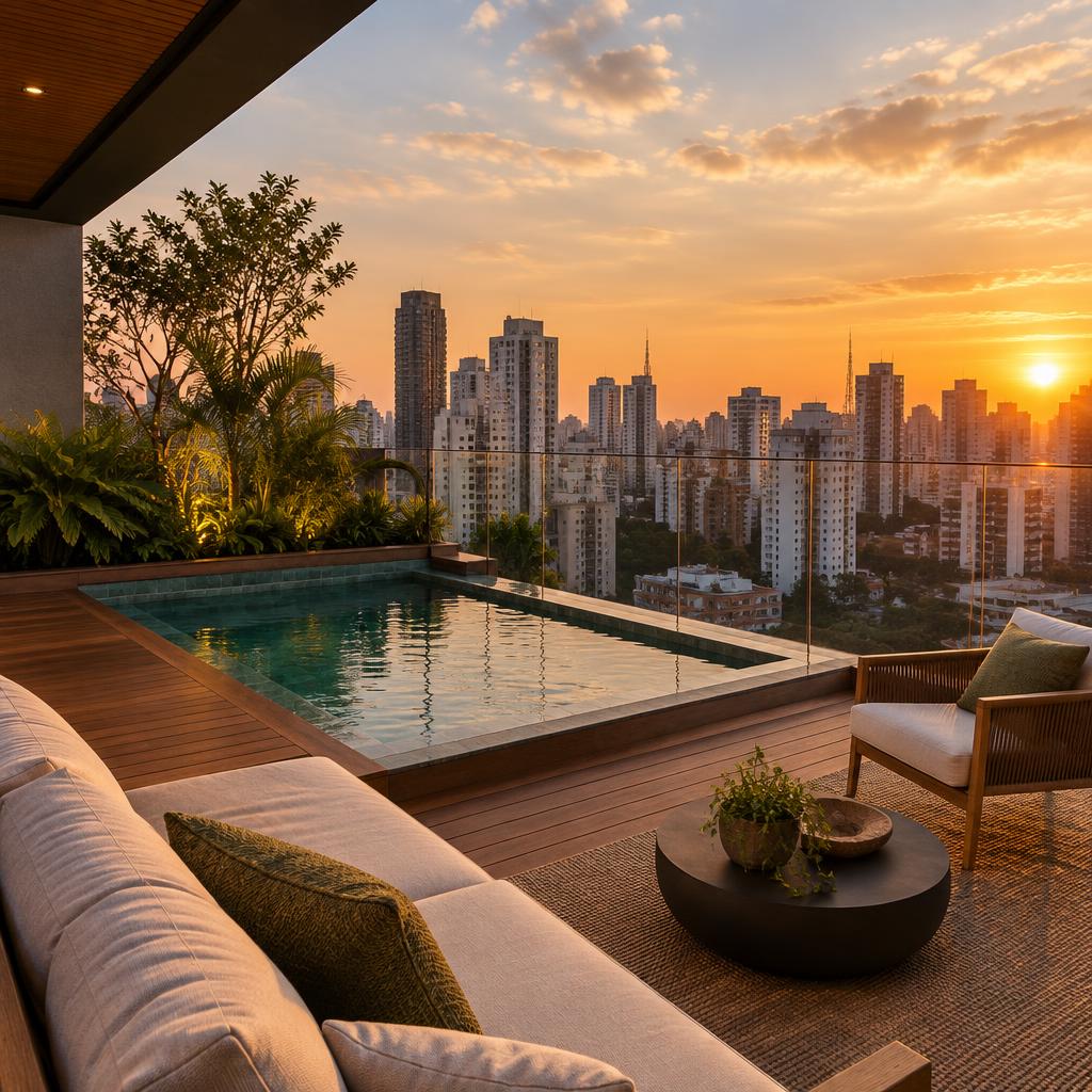 Rooftop com piscina compacta e vista do skyline de São Paulo ao entardecer